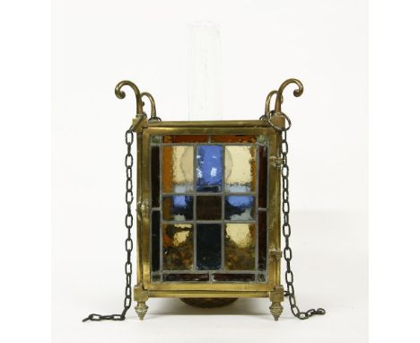 A Victorian square brass and stained glass lantern, 33cm high