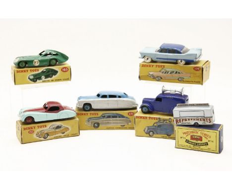 Six Dinky and matchbox toy vehicles, number 492 loud speaker van, number 163, Bristol 450 sports coupe number 157, Jaguer XK1