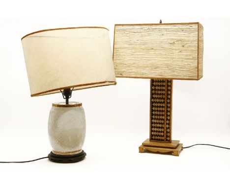 A Chinese porcelain table lamp, in the form of a pillow, together with a further table lamp, in the form of an abacus (2)