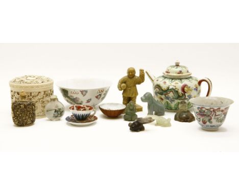 Chinese items, including:: porcelain teapot, two bowls, four hard stone ornaments,, carved ivory box, glass snuff bottle, etc