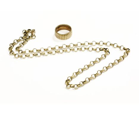 A 9ct gold wedding ring, with diamond cut decoration, size L½  leading edge M, and a 9ct gold belcher chain12.75g