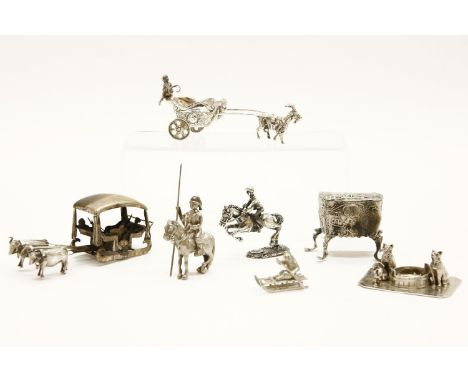 Seven miniature silver toys, various dates and makers, 20th century and later, comprising; a commode with chinnoiserie decora