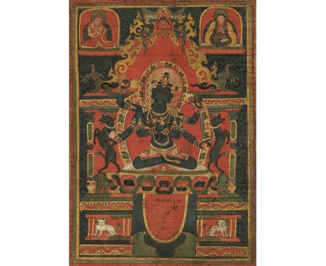 AN EARLY THANGKA OF GUHYASAMAJA AKSHOBHYAVAJRA, 13TH-14TH CENTURYCentral Tibet. Distemper and gilt on cloth. Superbly painted