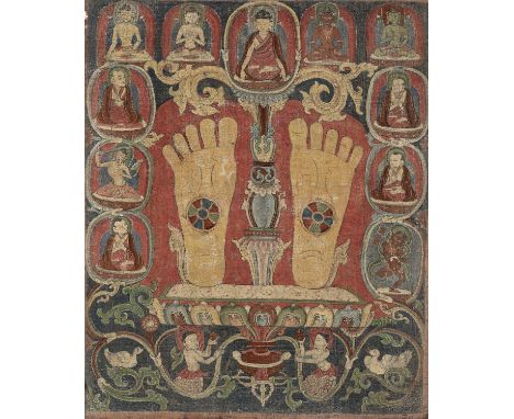 A RARE THANGKA WITH THE FOOTPRINTS OF A KARMAPA, TIBET, 14TH - 16TH CENTURYDistemper and gilt on cloth. Depicting the soles o