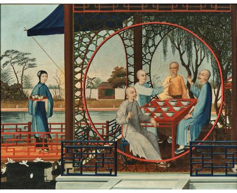 'A RELAXING DINNER', OIL ON CANVAS, CHINESE SCHOOL, QING DYNASTYOpinion: The remarkably fine detail and the moody character o