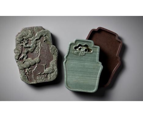 A SONGHUA INK STONE, BOX AND COVER, QIANLONG MARK AND PERIODChina, 1736-1795. The soft grayish-green ink stone is of magnific