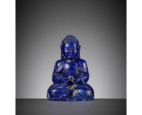 A LAPIS LAZULI FIGURE OF BUDDHA, QING DYNASTYChina, mid-18th to 19th century. Superbly carved, seated in dhyanasana with the 