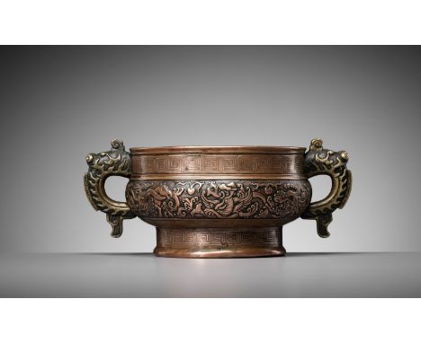 A HU WENMING PARCEL-GILT CENSER, GUI, MING DYNASTYChina, 16th-17th century. The rare copper-alloy and gilt-bronze incense bur