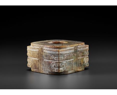 A RARE AND MASSIVE MOTTLED JADE CONG, LIANGZHU CULTUREChina, late Neolithic period, c. 3300-2200 BC. The thick-walled cong is