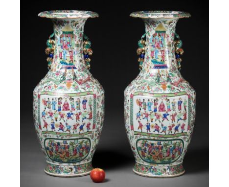 AN EXCEPTIONALLY LARGE PAIR OF FAMILLE ROSE PALACE VASES, 19TH CENTURYChina. Of baluster form, rising from a splayed foot to 