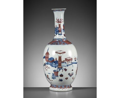 A LARGE UNDERGLAZE-BLUE AND COPPER-RED-DECORATED 'ANTIQUE TREASURES' VASE, QIANLONG PERIODChina, 1736-1795. The ovoid body su