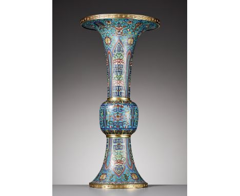 A RARE AND LARGE CLOISONNE ENAMEL 'BAJIXIANG' VASE, GU, QIANLONG PERIODChina, 1736-1795. The vase is well cast of archaic gu 