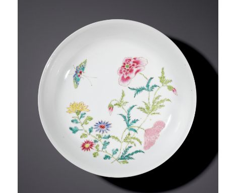 A FAMILLE ROSE 'BUTTERFLY AND FLOWERS' SAUCER DISH, YONGZHENG MARK AND PERIODOpinion: It has become exceedingly difficult to 