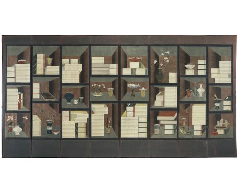 A 'CHAEKGORI' EIGHT-PANEL SCREEN, JOSEON DYNASTY, WITH 'HIDDEN' ARTIST SEALKorea, 19th century. Ink and watercolors on paper.