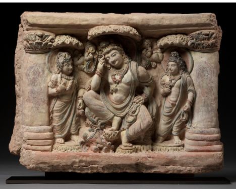 AN EXTRAORDINARILY RARE AND SPECTACULAR TERRACOTTA RELIEF OF A THINKING PRINCE SIDDHARTA UNDER THE BODHI TREE, ANCIENT REGION