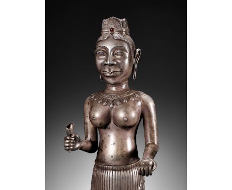 A LARGE SILVER REPOUSSE FIGURE OF UMA, CHAM PERIODVietnam, former kingdoms of Champa, 13th-16th century. Standing in samabhan