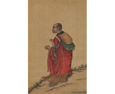 'DAMO STANDING ON A CLIFF', 17TH-18TH CENTURYChina. Ink and color on silk. Finely painted to depict a withdrawn Damo dressed 