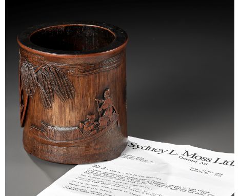 AN INSCRIBED BAMBOO BRUSHPOT, BITONG, BY WANG LUYI, 18TH CENTURYChina. Of cylindrical form, supported on three short feet, fi