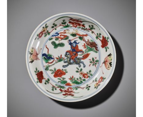 A RARE WUCAI 'ZHANG TIANSHI AND THE FIVE POISONS' DISH, WANLI MARK AND PERIODChina, 1573-1620. Exquisitely potted, the shallo