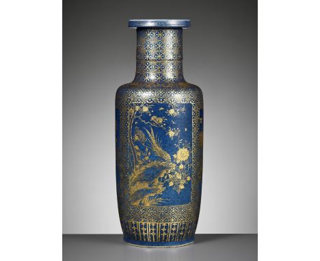 A MAGNIFICENT POWDER-BLUE AND GILT-DECORATED ROULEAU VASE, KANGXI PERIODChina, 1662-1722. Of cylindrical form, the neck with 