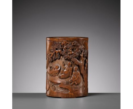 A JIADING SCHOOL BAMBOO BRUSHPOT, BITONG, SIGNED ZHOU E, 18TH CENTURYOpinion: Finely carved and incised with openwork and und