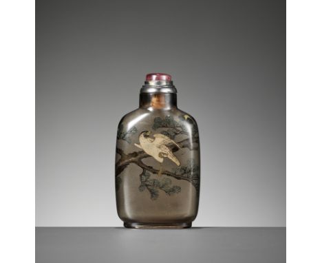 AN INSIDE-PAINTED 'HAWK AND MOON' SMOKY CRYSTAL SNUFF BOTTLE, BY YE ZHONGSAN, DATED 1935China, the bottle ca. 1750-1850, the 