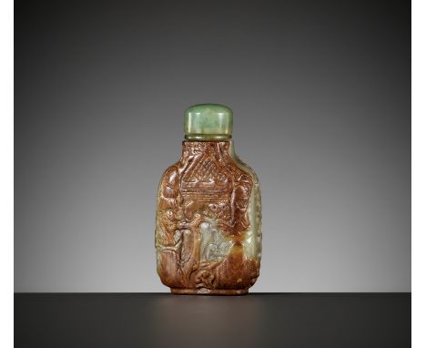 A CARVED CELADON AND RUSSET JADE SNUFF BOTTLE, MASTER OF THE ROCKS SCHOOL, 1740-1850Published:Bob C. Stevens, The Collector's