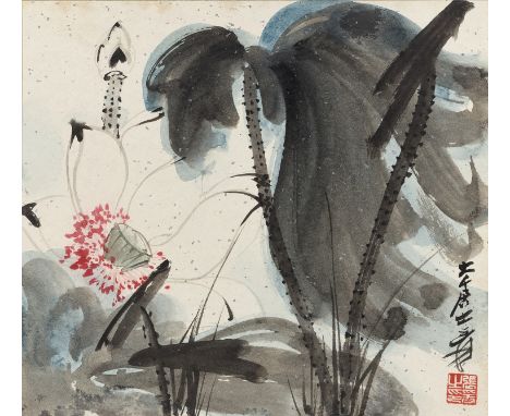 'BLACK AND RED LOTUS' BY ZHANG DAQIAN (1899-1983)China. Ink and watercolors on cardboard. Depicting a blossoming lotus flower