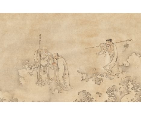 'LUOHANS', ATTRIBUTED TO DING GUANPENG (ACTIVE 1708-1771)China. Ink and watercolors on paper, with a silk brocade frame and m