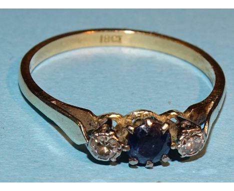 A sapphire and diamond ring claw-set a round-cut sapphire between two 8/8-cut diamonds, in 18ct gold mount, size Q½, 2.3g. 