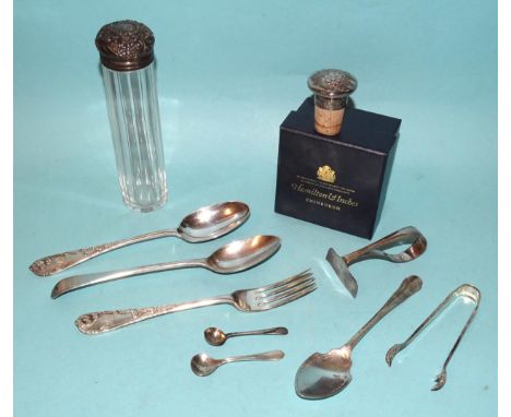 A matching silver fork and spoon, London 1905, a Georgian silver dessert spoon, a silver-lidded dressing table bottle and oth