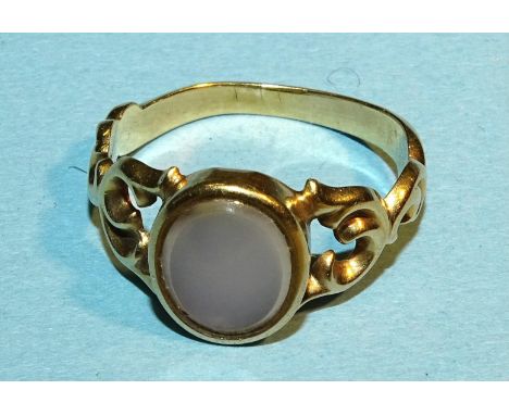 A gold signet ring set chalcedony, (no carving, tests as 18ct approximately), size J½, 2.8g. 