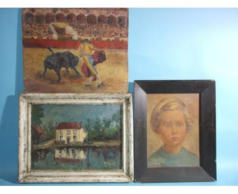 Touzey? COTTAGE BY A POND Signed oil on board, 24 x 34cm, another unsigned oil on board, THE BULLFIGHT, 31 x 39cm, together w