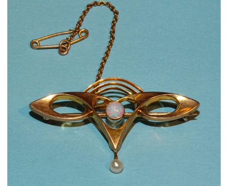 A 9ct gold Art Nouveau brooch set opal, with pearl drop below, 40mm wide, 2.4g. 