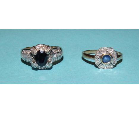 A 9ct gold ring set sapphire and diamond cluster, size L and another, size M, total weight 6g, (2). 