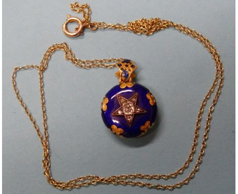 A Victorian blue enamelled round locket pendant, centrally-set an old brilliant and rose-cut diamond five-point star, with lo