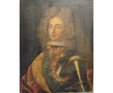 Early to mid-18th century English School HALF-LENGTH PORTRAIT OF A NOBLEMAN WEARING ARMOUR, A JEWELLED COLLAR AND ERMINE CLOA