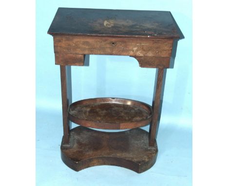 A 19th century mahogany gentleman's shaving stand, the hinged lid with interior mirror and hinged lidded compartments, one wi