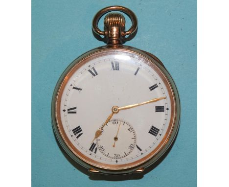 A 9ct gold open-face keyless pocket watch, the white enamel dial with Roman numerals and seconds subsidiary, over 15-jewel mo