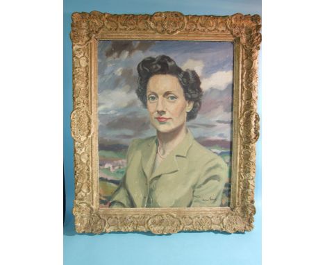 Arthur Ferrier (1891-1973) A DEMPSTER FAMILY PORTRAIT OF A WOMAN WEARING PEARLS AND A GREEN JACKET Signed oil on canvas, 51 x