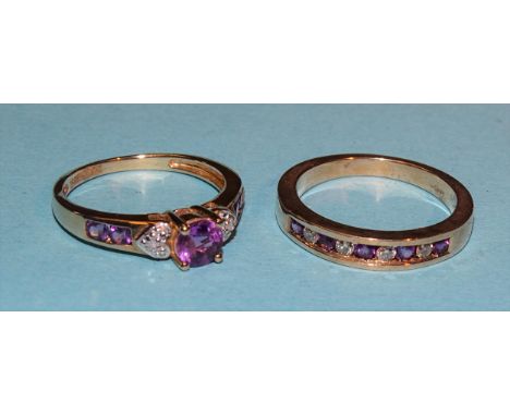 A 9ct gold ring channel-set four diamonds and five round-cut amethysts, size M½ and a 9ct gold amethyst ring with amethyst an