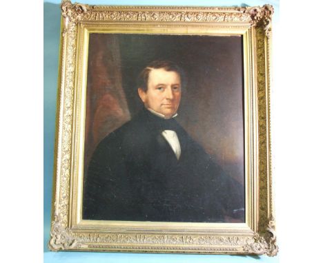 Late-19th century PORTRAIT OF A GENTLEMAN WEARING A WHITE STOCK AND BLACK TUNIC Unsigned oil on canvas, 75 x 62cm, in gilt ge