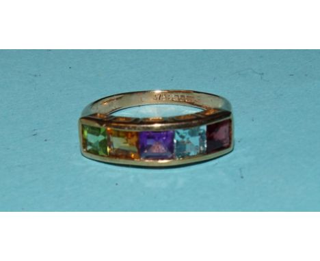 A 9ct gold rainbow ring set gemstones, size N, 1.9g, (boxed). 