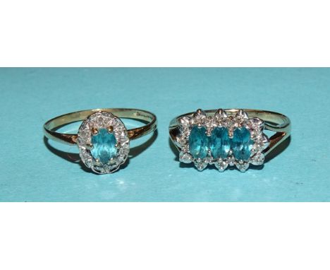 Two 9ct gold blue topaz and diamond cluster rings, size M½, 4.1g. 