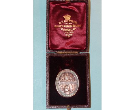 South Eastern Railway Golden Jubilee 1886 oval medal with veiled bust of Victoria, the reverse with portrait of E W Watkin, n