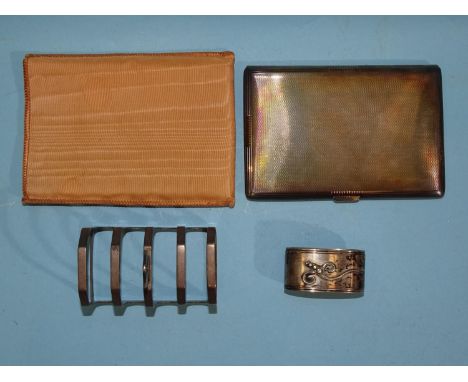 A Mappin &amp; Webb engine-turned silver cigarette case, 12.7 x 8.5cm, a small silver toast rack and a foreign silver napkin 