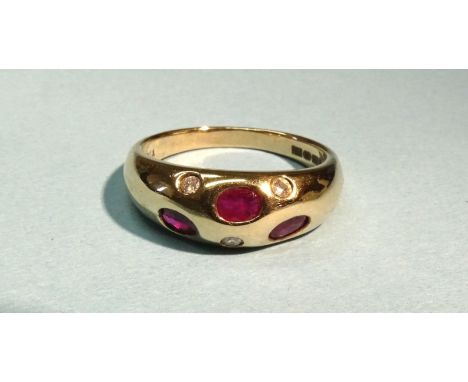 A modern 9ct yellow gold ring set three rubies and three brilliant-cut diamonds, size N, 2.9g, (boxed). 