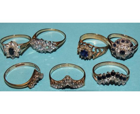 Seven 9ct gold rings set synthetic stones, sizes M-P, 14.3g. 
