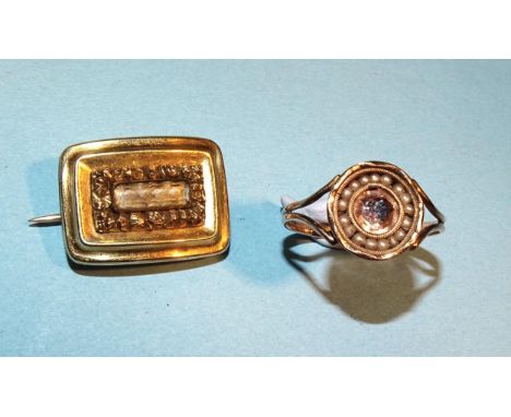 An early-19th century rectangular gold mourning brooch with blonde hair locket, 20 x 14mm, 4.4g and a mourning ring set foile