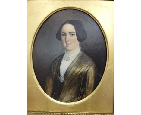 19th century English School ANNE COLLIS NEE PAIN, THREE-QUARTER LENGTH PORTRAIT WEARING ENAMEL AND FOLIATE BROOCHES Framed ov